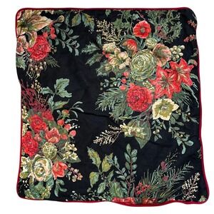 April Cornell Black Floral Print Square 20'' Pillow Cover Case Red Trim Zipper